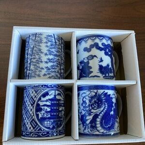 Four Vintage Asian Theme Blue and White Coffee or Tea Mugs